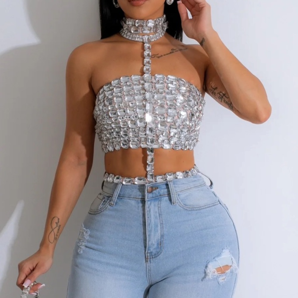 Kim Kardashian Inspired Embellished Diamond Chain Crop Top